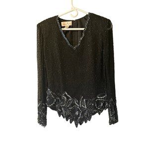 Laurence Kazar Black Silk Beaded Blouse Shirt Top Evening Size Small Luxury